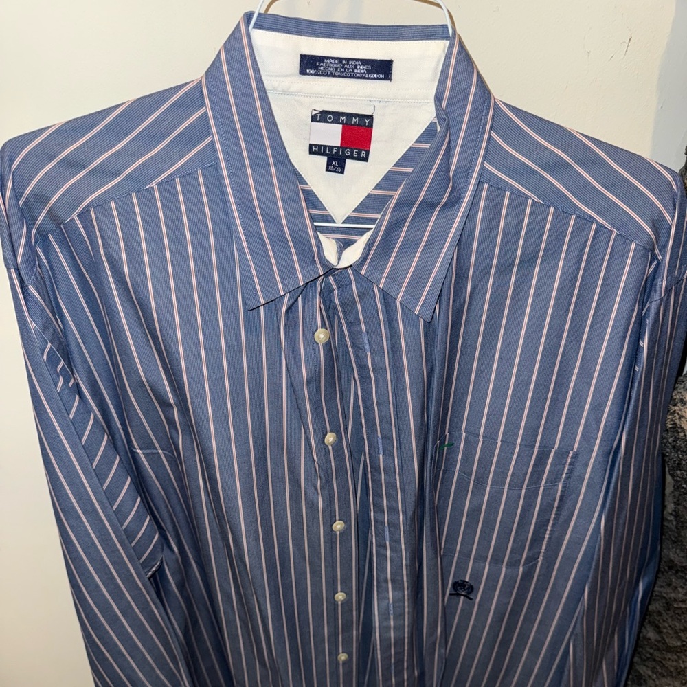 Tommy Hilfiger Navy and White Striped Dress Shirt